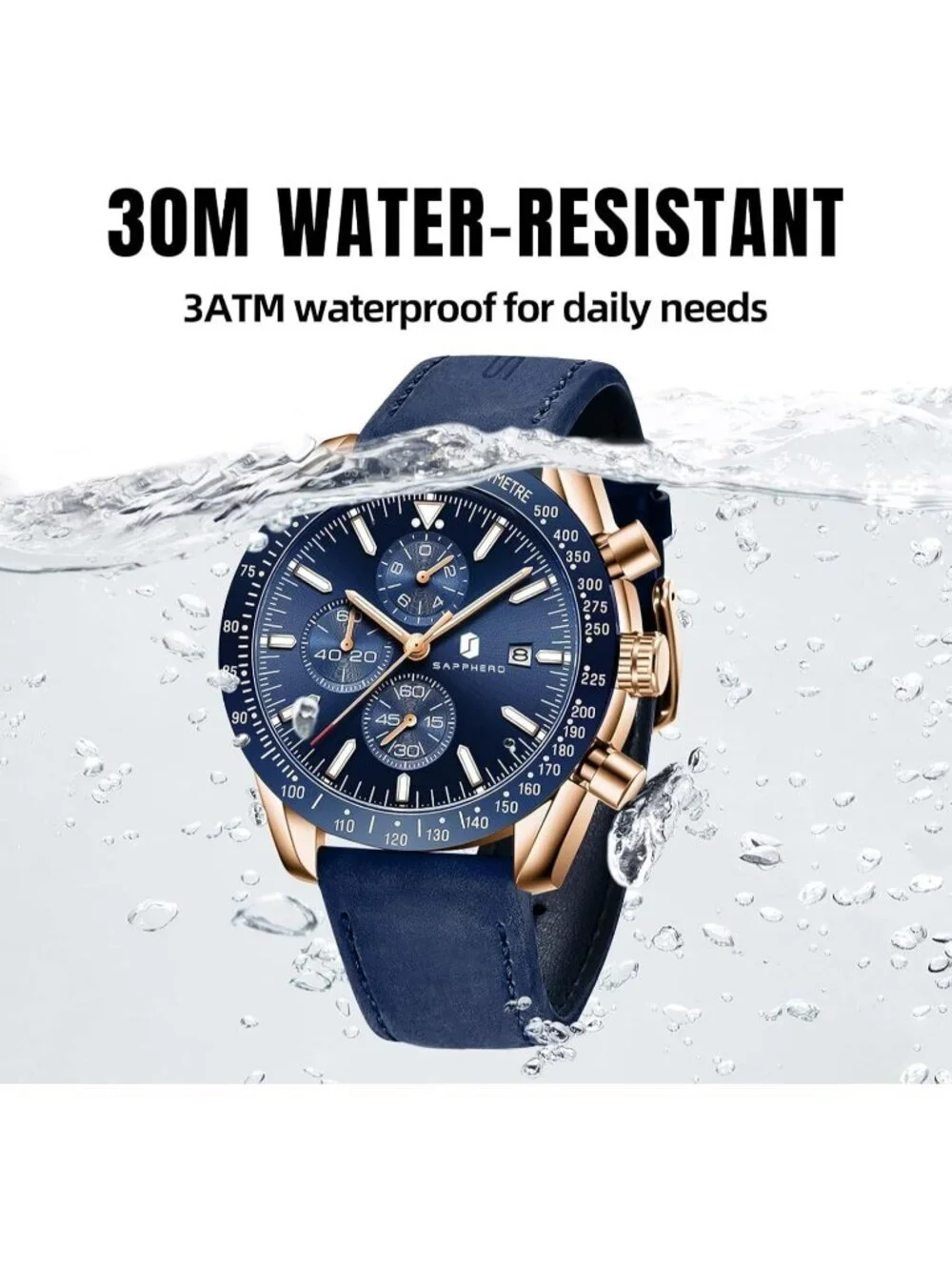 Men's Blue Gold Analog Silicone Strap Chronograph Luminous Designer Casual Watch